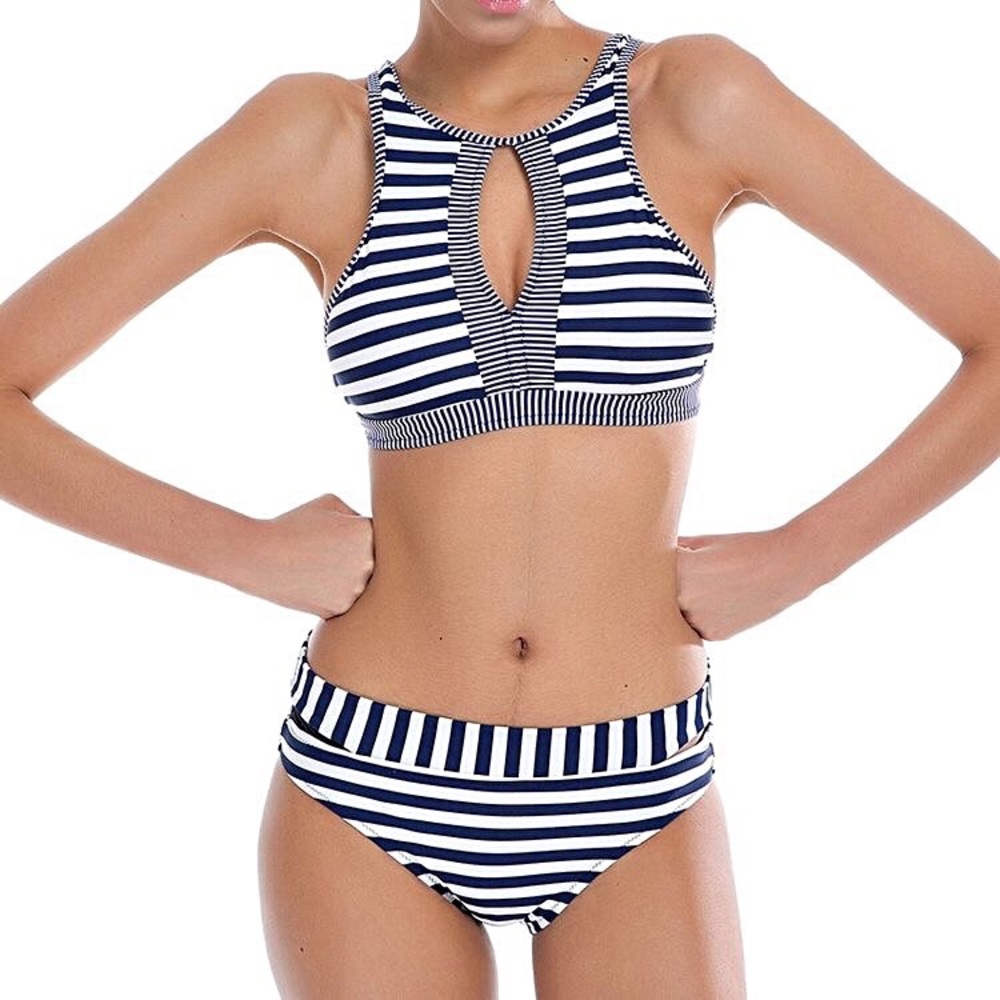 High Neck Top & Cutout Bikini in Stripes